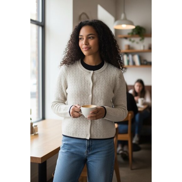 Freshman 1996 Cable Knit Cardigan Sweater L White Button Up Preppy Flaw - Picture 1 of 8